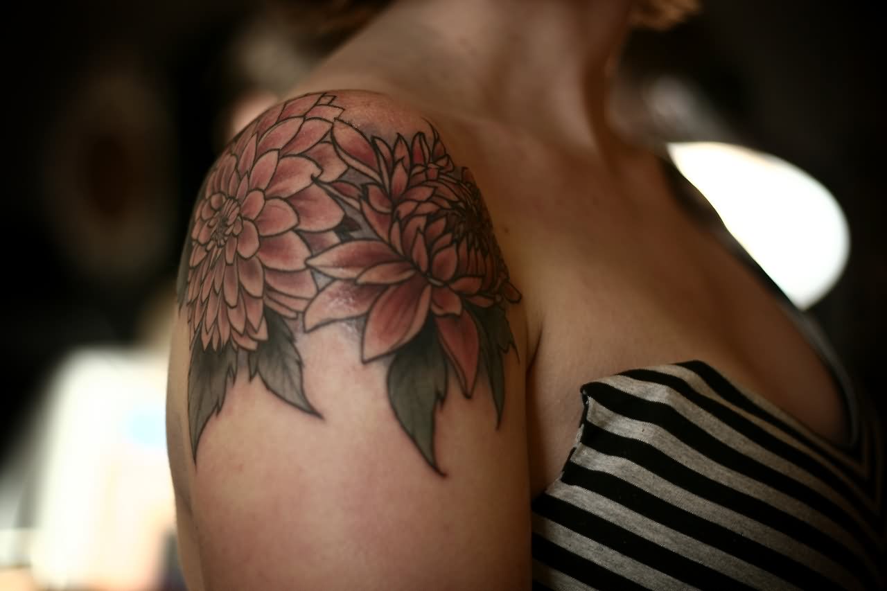 Cool Dahlia Flowers Tattoo On Right Shoulder