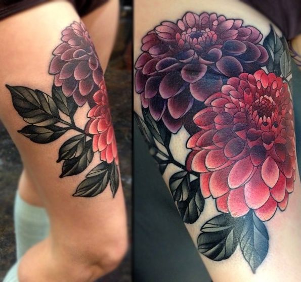 Cool Dahlia Flowers Tattoo On Right Thigh