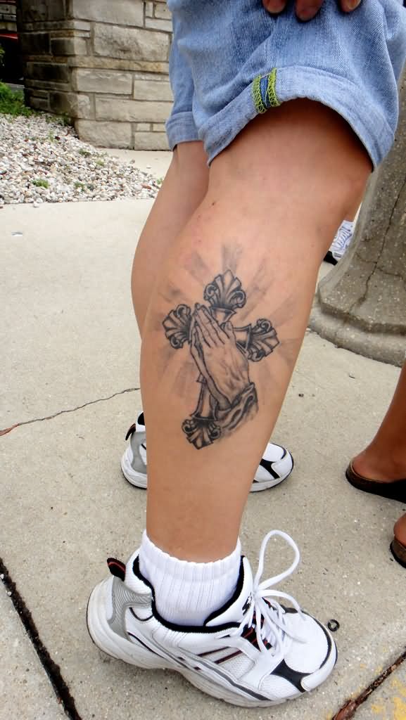 Cross With Praying Hands Tattoo On Right Leg Calf