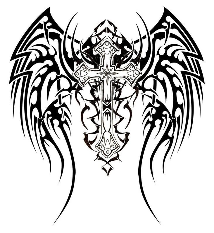 Cross With Tribal Wings Tattoo Design For Back