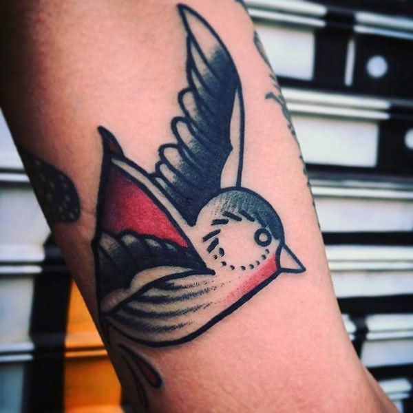 Cute Black And Red Ink Sparrow Tattoo
