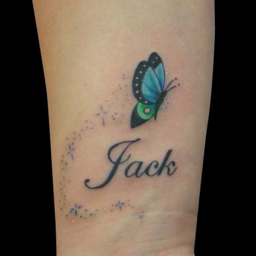 Cute Butterfly With Jack Name Tattoo Design For Wrist