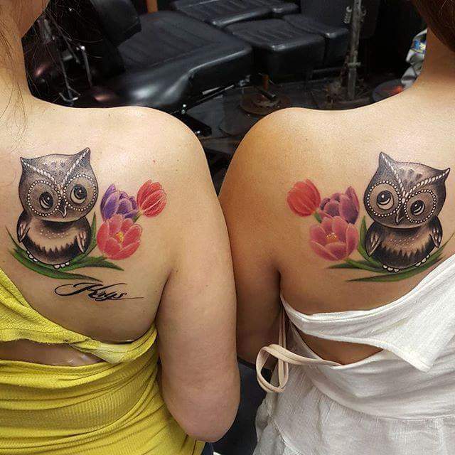Cute Matching Owl Tattoos On Back Shoulder by Jeff Seeds