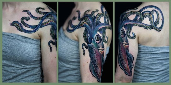 Cute Squid Tattoo On Shoulder