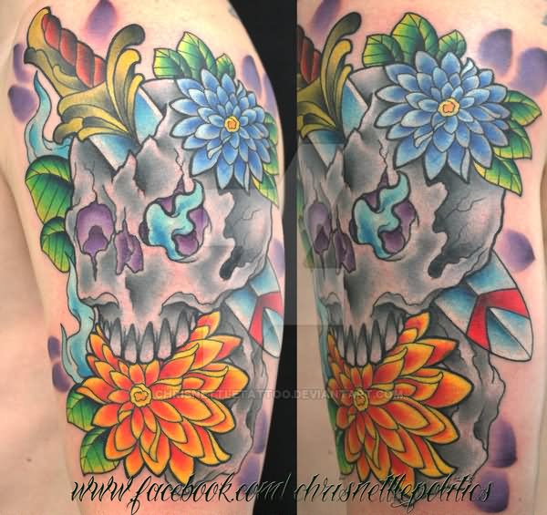 Dagger In Skull With Dahlia Flower Tattoo Design For Half Sleeve By ChrisNettleTattoo