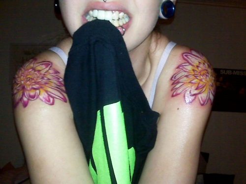 Dahlia Flower Tattoo On Girl Both Shoulder