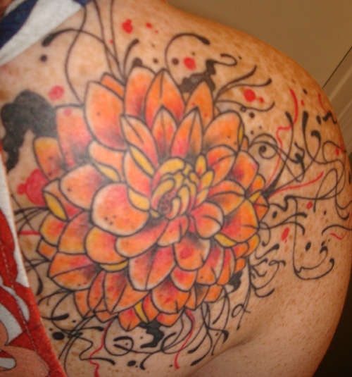 Dahlia Flower Tattoo On Right Back Shoulder