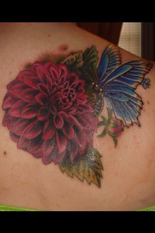 Dahlia Flower With Butterfly Tattoo On Right Back Shoulder