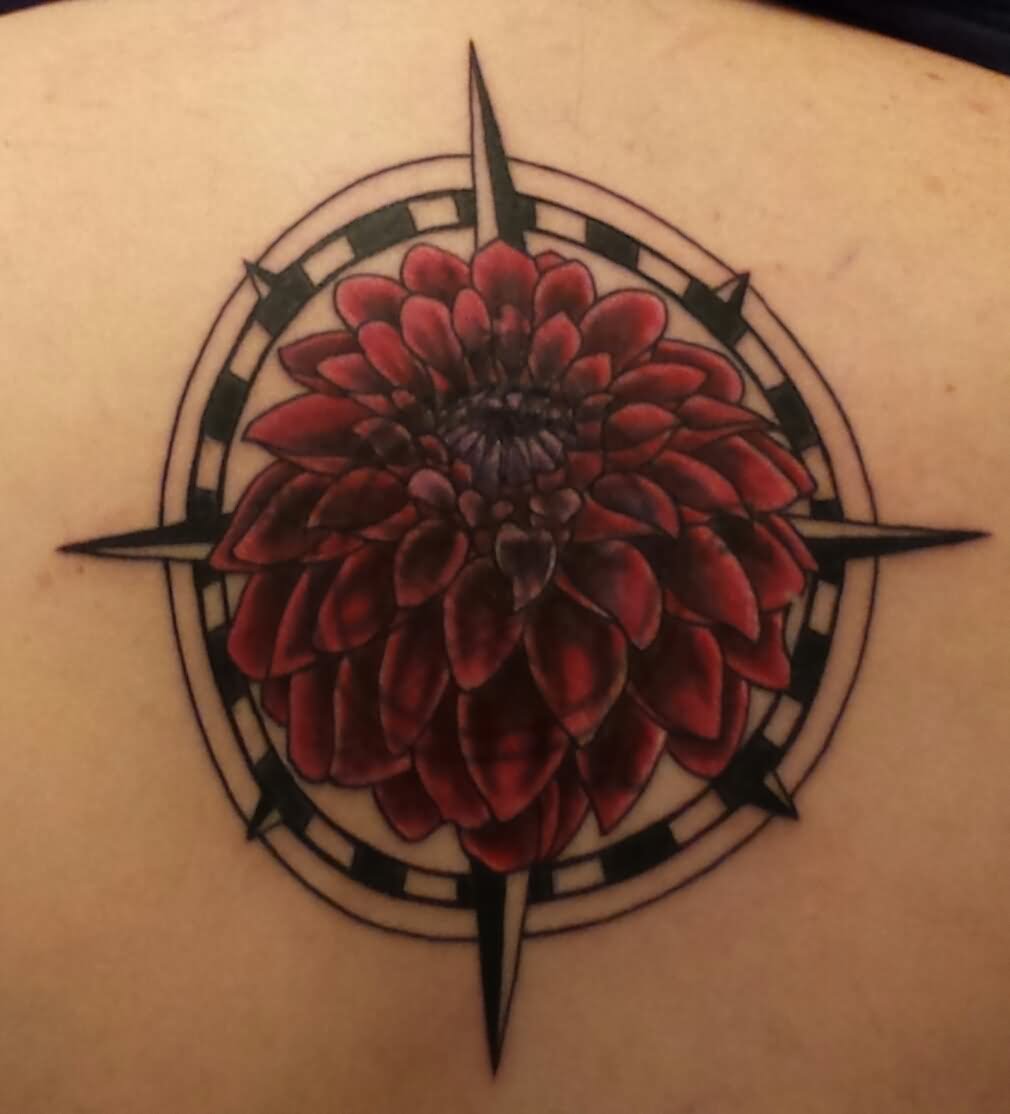 Dahlia Flower With Compass Tattoo Design