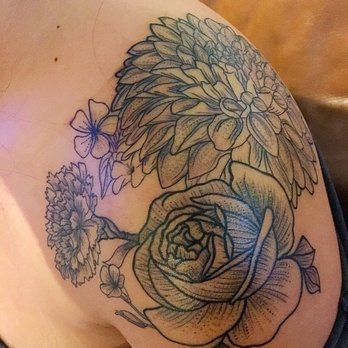 Dahlia Flower With Rose Tattoo On Shoulder