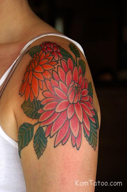 Dahlia Flowers Tattoo On Left Shoulder