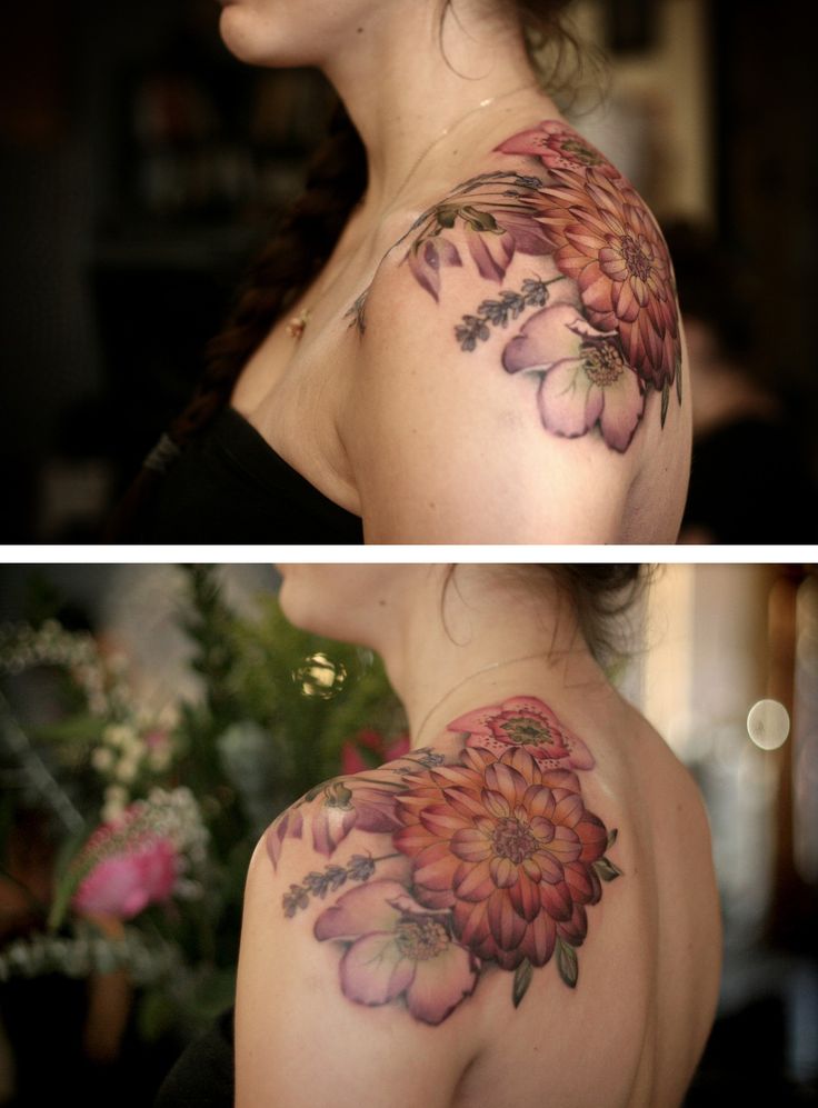 Dahlia Flowers Tattoo On Left Shoulder