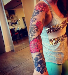 Dahlia Flowers Tattoo On Right Full Sleeve