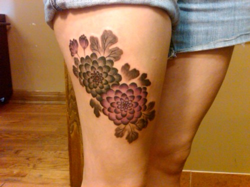 Dahlia Flowers Tattoo On Right Thigh