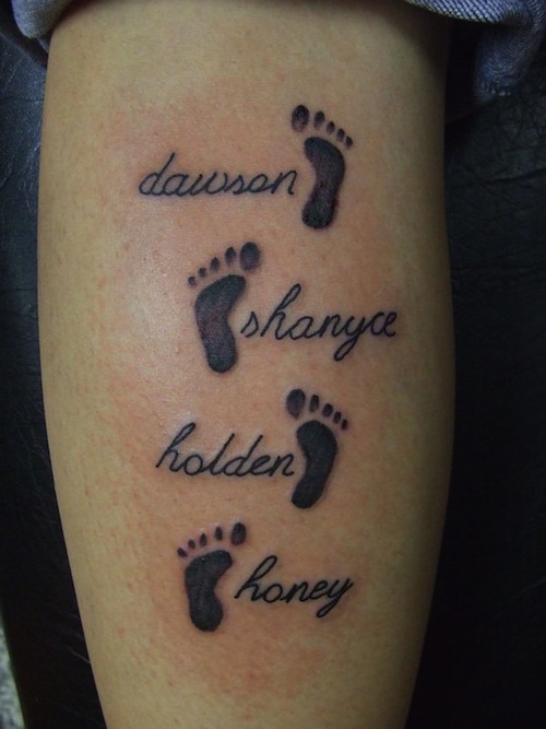 Dawson, Shanyce, Holden And Honey Names With Feet Prints Tattoo Design
