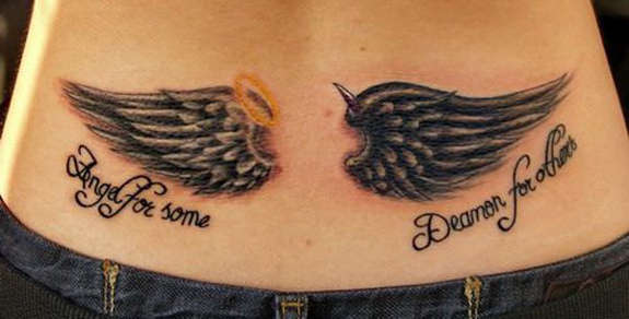 Demon And Angel Wings Tattoo On Lower Back