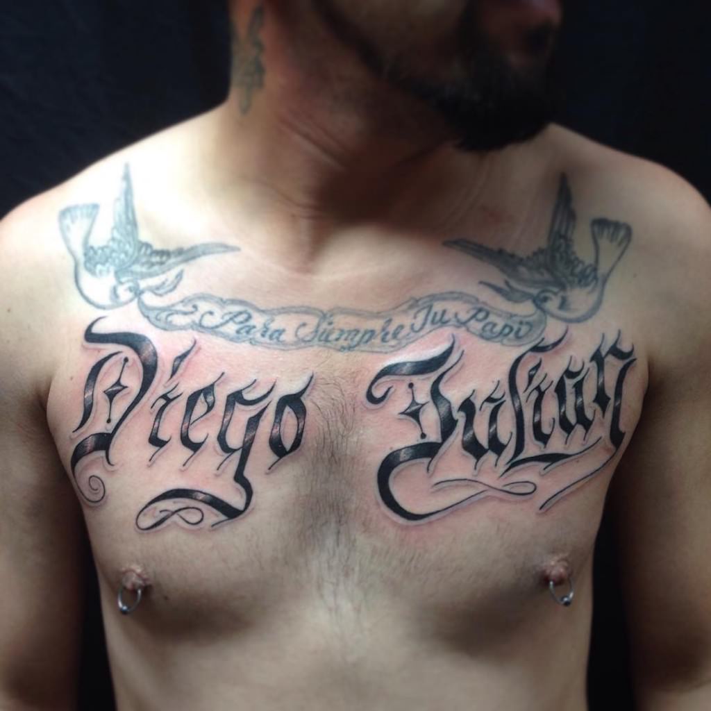 Diego Julian Name Tattoo On Man Chest