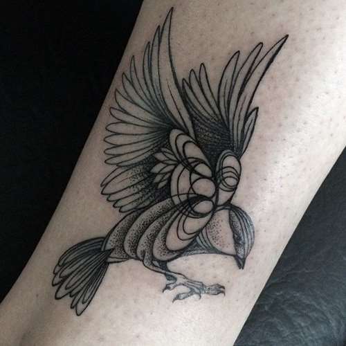 Dot Work Sparrow Tattoo On Leg