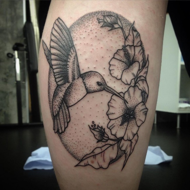 Dotwork Bird With Flowers Tattoo Design For Side Leg Calf