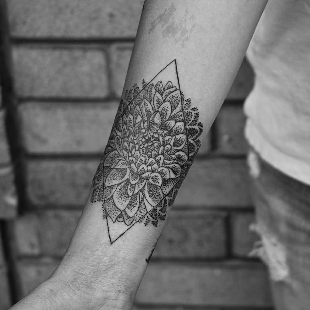 Dotwork Dahlia Flower Tattoo Design For Forearm