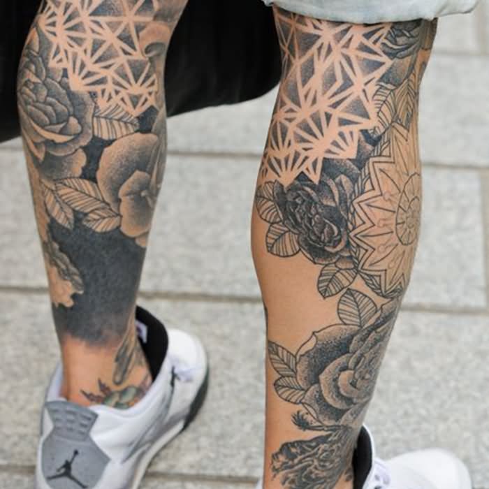 Dotwork Flowers Tattoo On Both Side Leg Calf