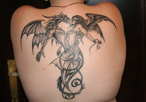 Dragon With Angel Tattoo On Man Upper Back