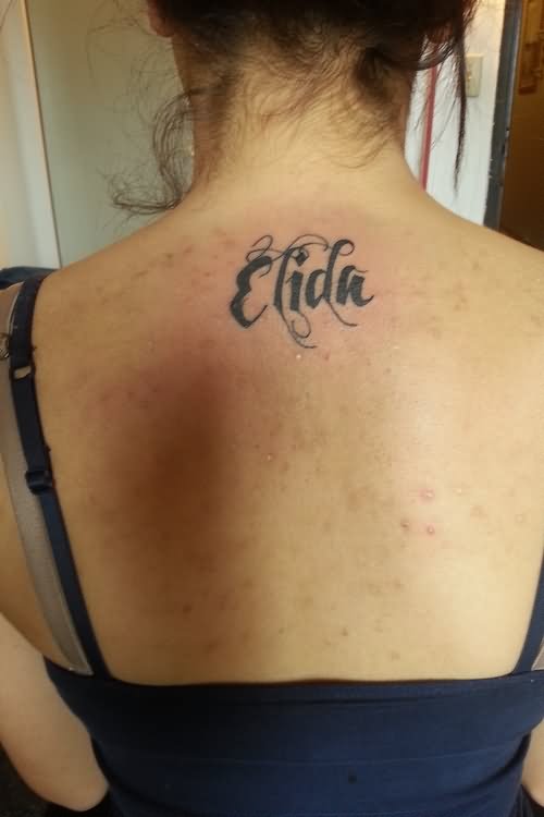 Eldin Name Tattoo On Girl Back Neck
