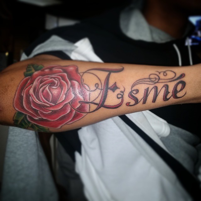 Esma Name With Rose Tattoo On Right Arm