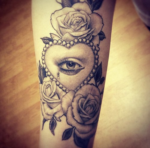 Eye In Heart Frame With Roses Tattoo Design For Leg Calf