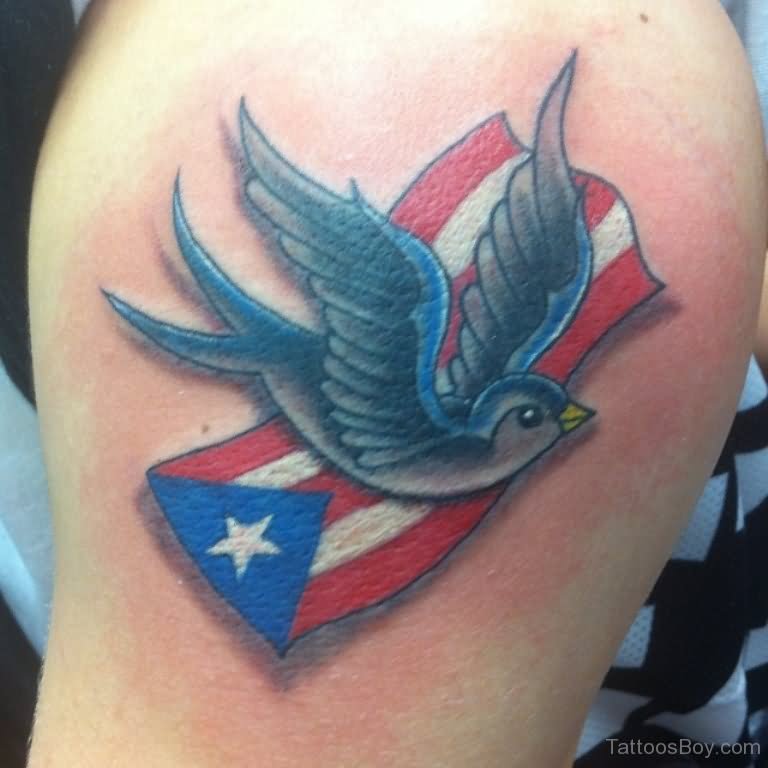 Flag And Sparrow Tattoo On Shoulder