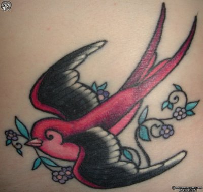 Flowers And Flying Sparrow Tattoo