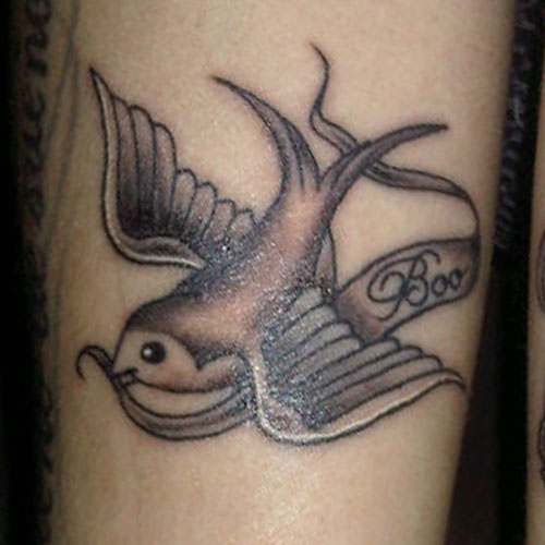 Flying Sparrow With Boo Banner Tattoo
