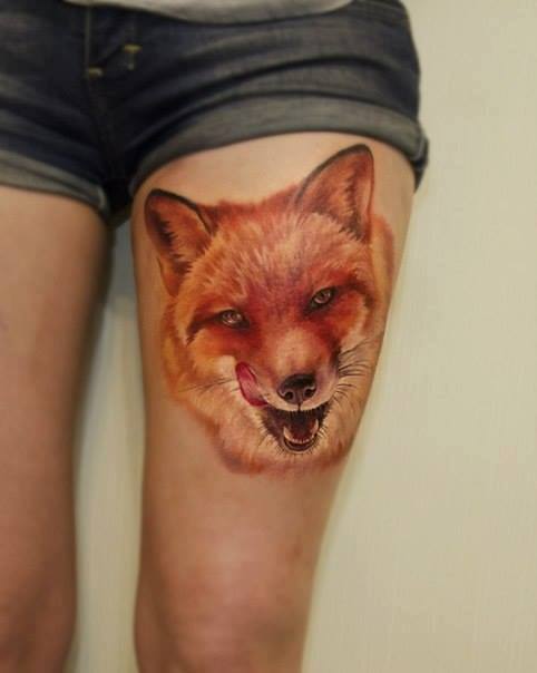 Fox Head Tattoo On Left Thigh