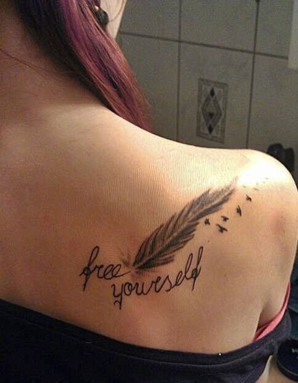 Free Yourself Feather Tattoo On Women Right Back Shoulder