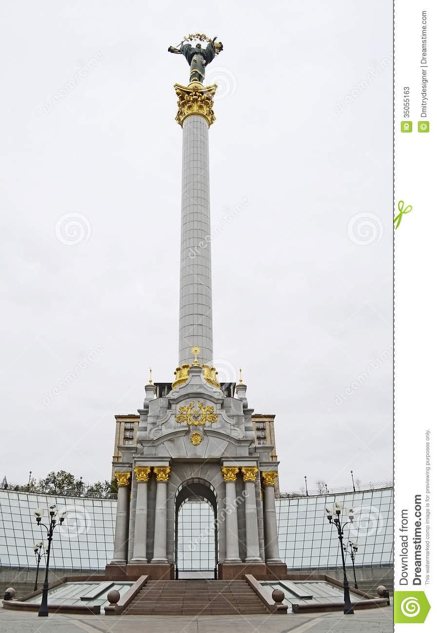 Front View Of The Independence Monument At The Maidan Nezalezhnosti Square In Kiev, Ukraine