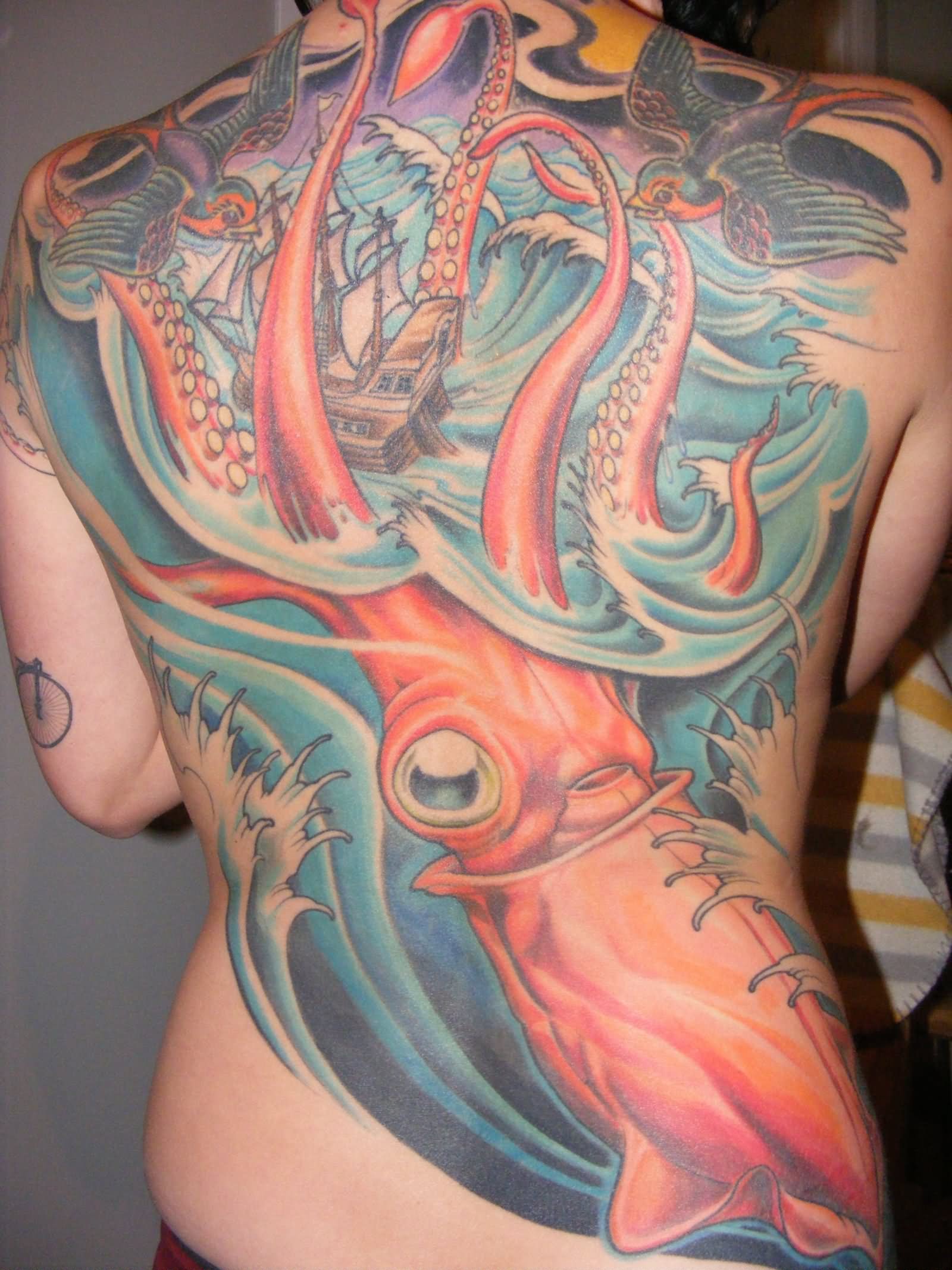 Full Back Colorful Squid Tattoo