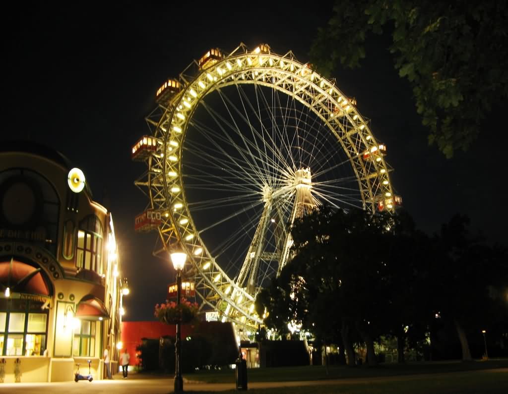 Giant Ferris Wheel Wiener Riesenrad In The Prater Park During Night