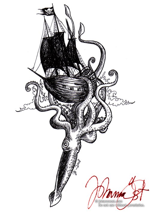 Giant Squid Sinking Ship Tattoo Design by Johanna