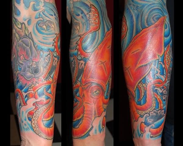 Giant Squid Tattoo On Arm Sleeve