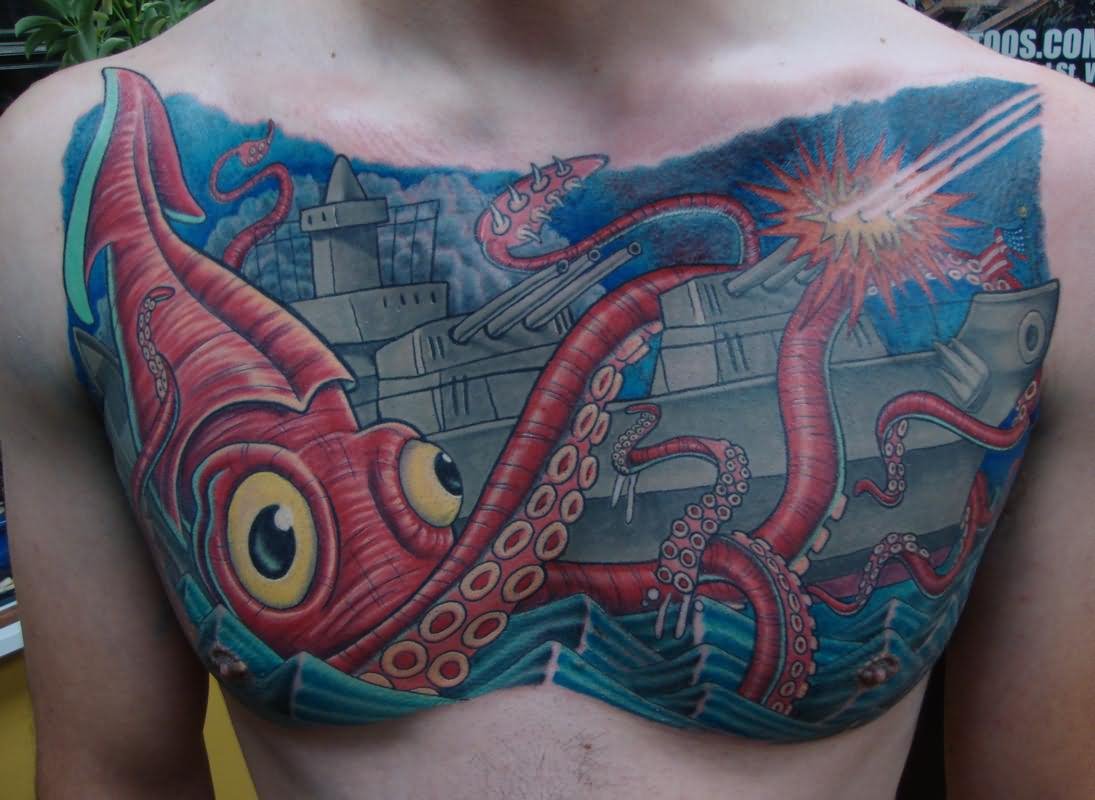Giant Squid Vs Battleship Chest Tattoo by Larry Brogan