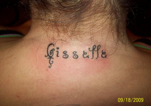 Giselle Name Tattoo On Back Neck