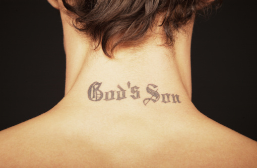 Gods Son Lettering Tattoo On Back Neck
