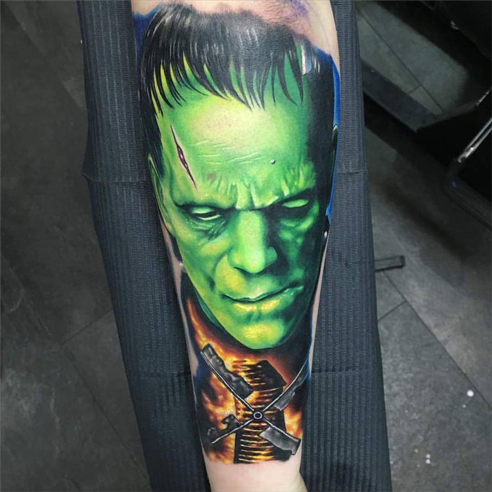Green Ink Frankenstein Head Tattoo by Alex Rattray