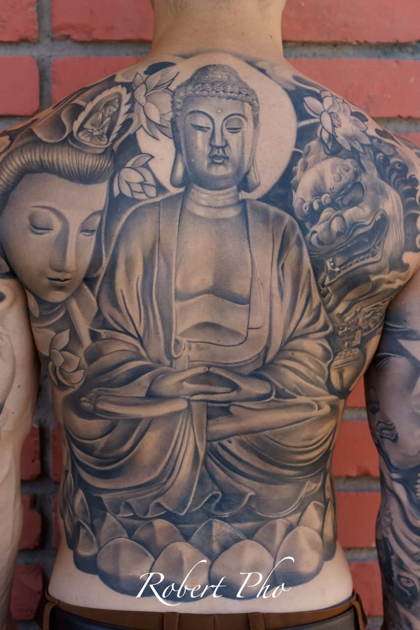 Grey Ink 3D Buddhist Tattoo On Full Back