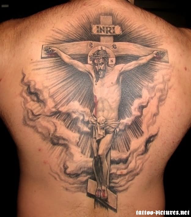 Grey Ink 3D Jesus On Cross Tattoo On Upper Back