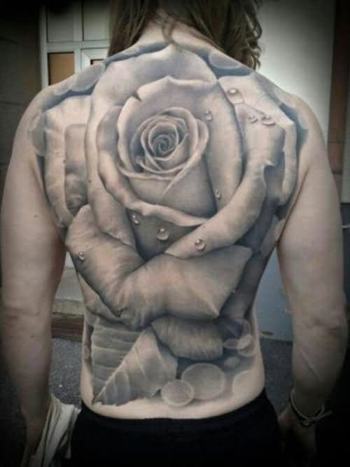 Grey Ink 3D Rose Tattoo On Full Back