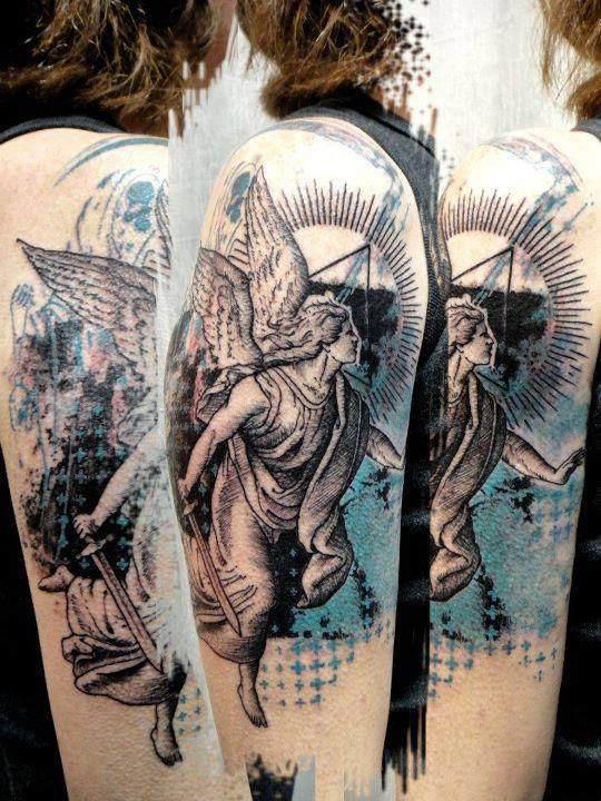 Grey Ink Angel Tattoo On Half Sleeve