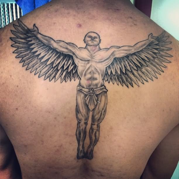 Grey Ink Angel Tattoo On Upper Back