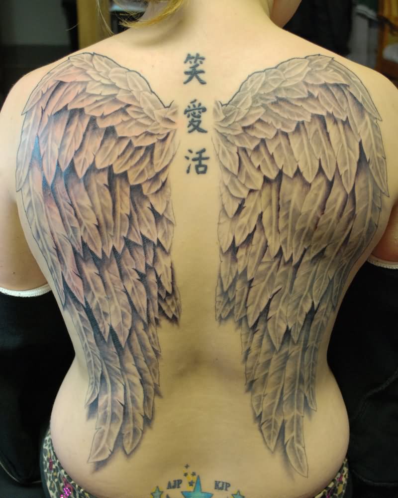Grey Ink Angel Wings Tattoo On Back