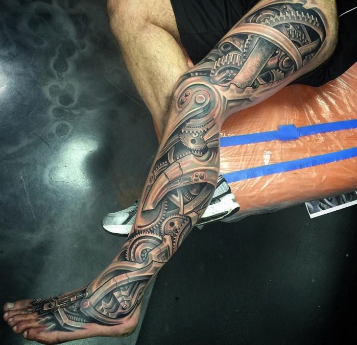 Grey Ink Biomechanical Tattoo On Full Leg